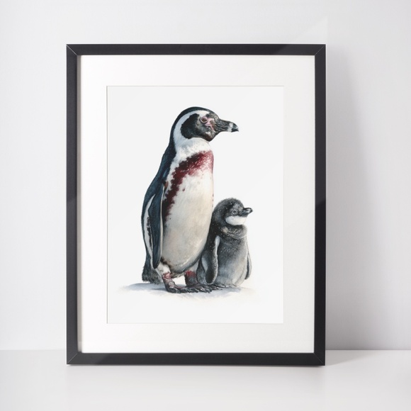 Watercolor Humboldt Penguin with its Babe Wall Art Print Unframed - Regal Arctic - Picture 3 of 7